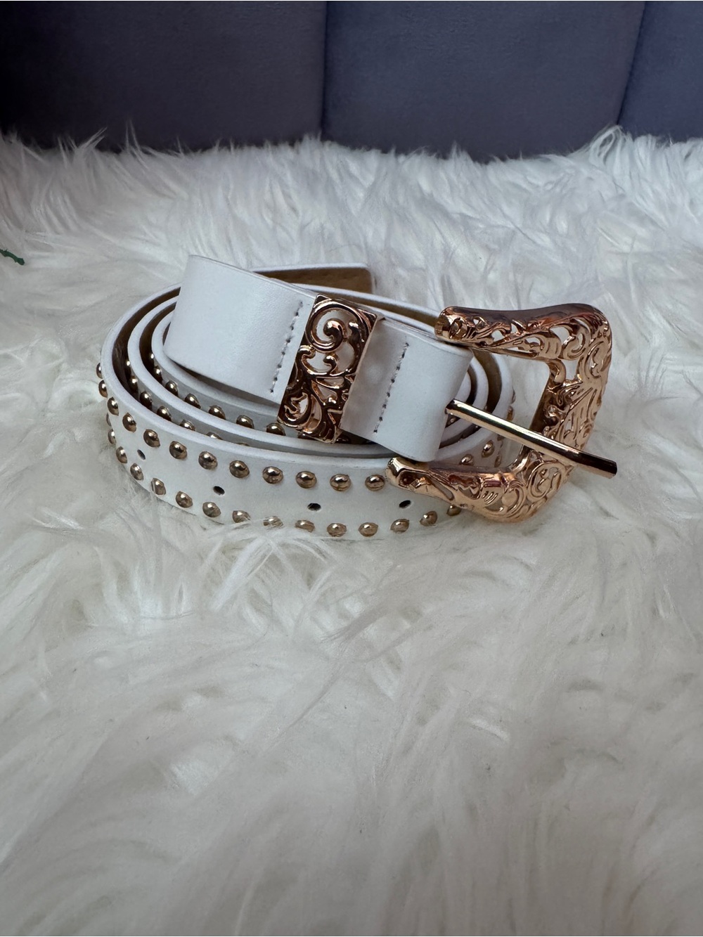 White Studded Faux Leather Belt with Ornate Gold Buckle